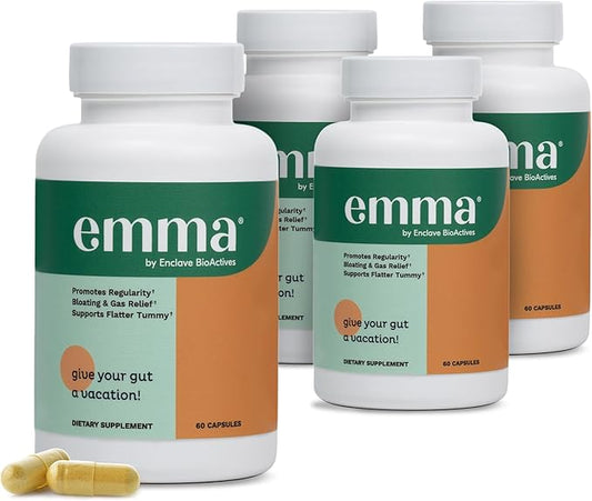 Emma Gut Health - 4 Pack - Gas and Bloating Relief, Constipation, Leaky Gut Repair - Gut Cleanse & Restore Digestion - Regulate Bowel Movement. Probiotics and Laxative Alternative, 240 Capsules