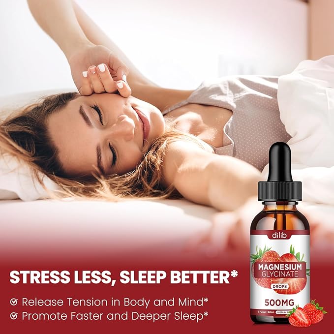 Magnesium Glycinate Supplement, Liquid Magnesium Glycinate Liquid Drops 500mg-Support Stress Relief, Relaxation, Mood, Sleep, Bone & Muscle-2 Fl Oz, Vegan, Strawberry Flavor