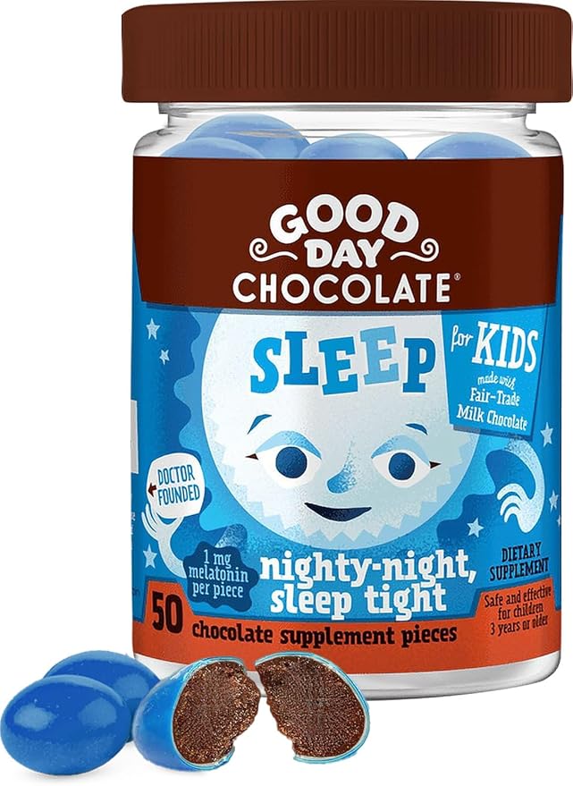 Good Day Chocolate Melatonin for Kids [50 Count] - Fair Trade Non-GMO Chocolate with Chamomile and Melatonin 1 mg - Toddler Melatonin, Kids Natural Sleep Aid for Ages 3 and Up