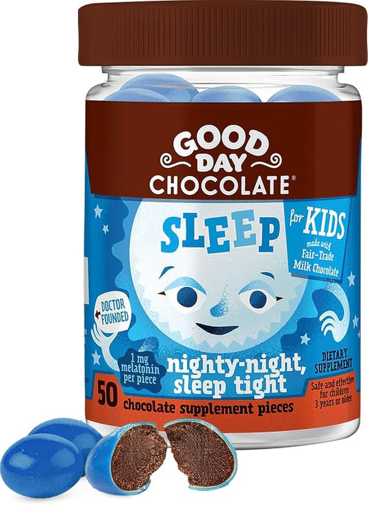 Good Day Chocolate Melatonin for Kids [50 Count] - Fair Trade Non-GMO Chocolate with Chamomile and Melatonin 1 mg - Toddler Melatonin, Kids Natural Sleep Aid for Ages 3 and Up