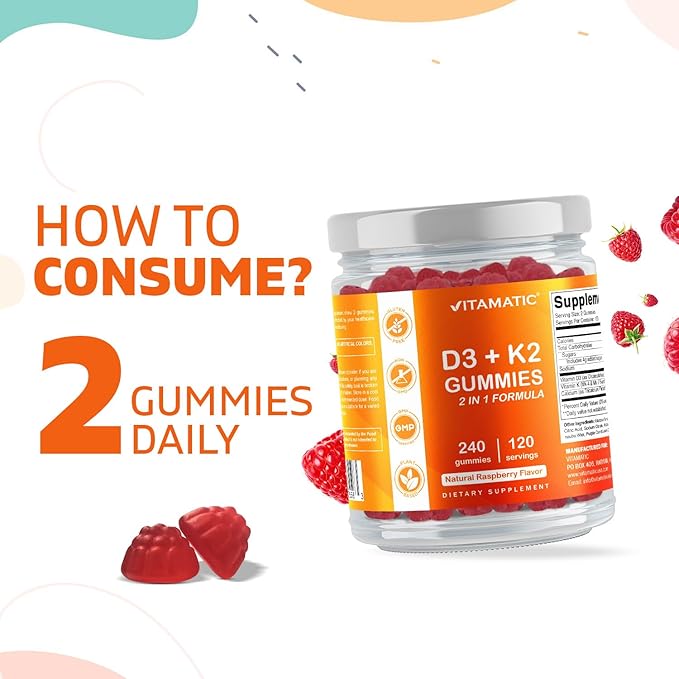 Vitamatic Vitamin D3 K2 with Calcium Gummies - 240 Count - Non-GMO, Gluten Free