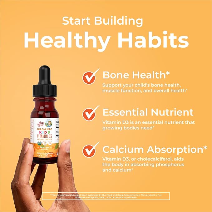 MaryRuth Organics USDA Organic Vitamin D3 Liquid Drops for Kids | 640 IU Vitamin D3 Per Serving | Kids Immune Support & Bone Health Supplement | Formulated for Ages 4-13 | 0.5oz | 30 Servings