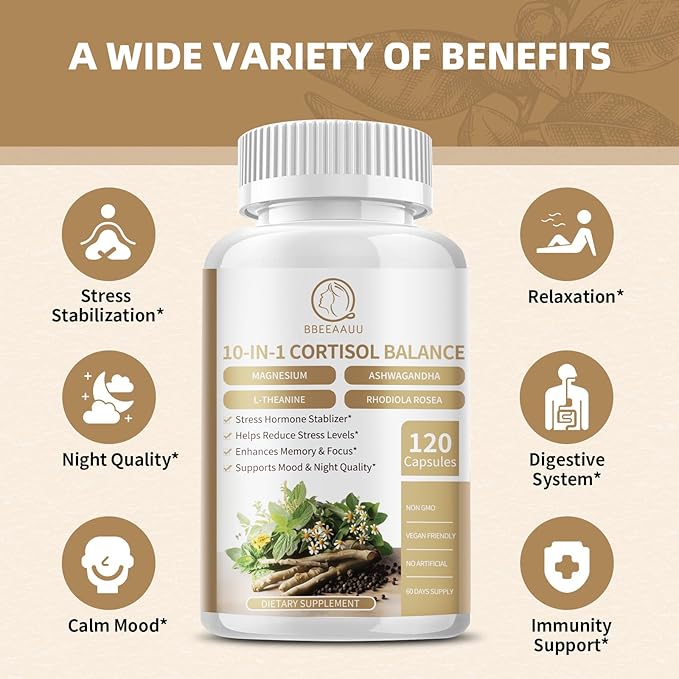 2 Pack Cortisol Supplements for Women & Men - 10-in-1 Cortisol Reducer Manager Detox with Ashwagandha, Magnesium - Lower High Cortisol Levels, Relaxation & Night Support, Non-GMO, 120 Capsules