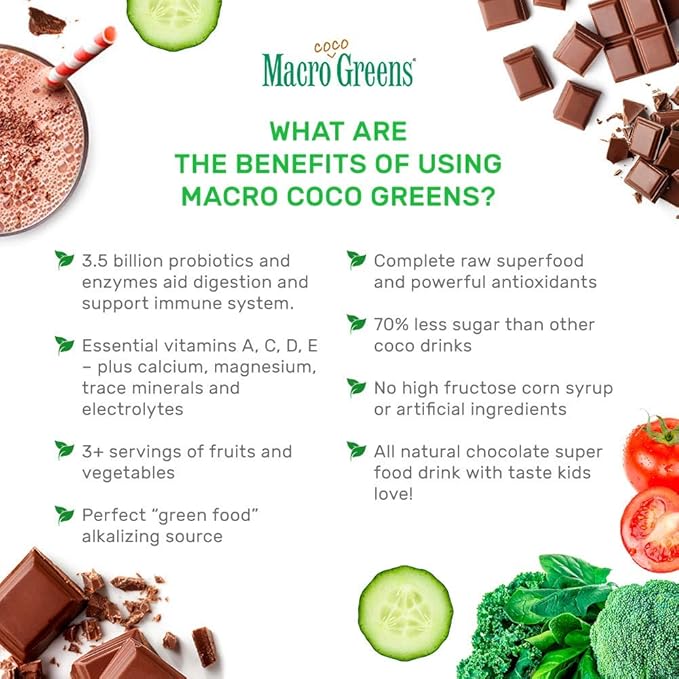 MacroLife Naturals MacroCoco Greens Chocolate Superfood Powder for Kids Raw Fruits Veggies Probiotics & Digestive Enzymes, Immunity Energy, Non-GMO, Vegan, Gluten, Dairy Free - 7oz (32 Servings)