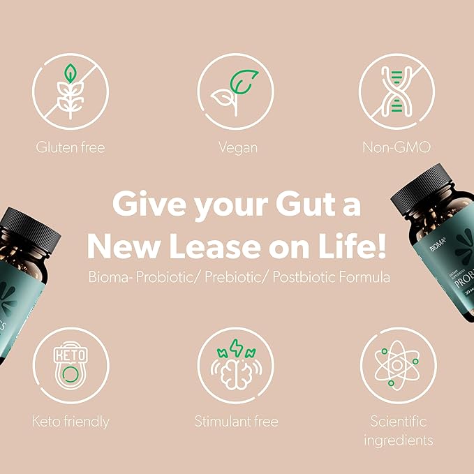 BIOMA Probiotics for Digestive Health, 3 in 1 Gut Health Probiotics and Prebiotics/Postbiotics, Slow Release Synbiotic Probiotic Capsules for Gut Health Multi Enzyme - New Improved Formula (60 Caps)