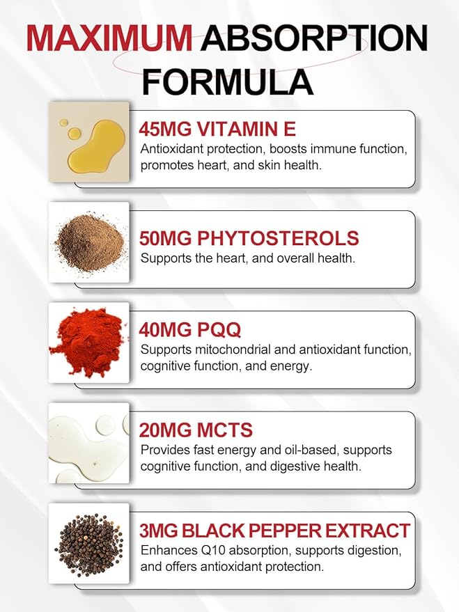 CoQ10 600 mg Ubiquinol - Co Q 10 Supplement, Coenzyme Q10 CQ10 Fertility for Women, Heart, High Absorption with Vitamin E, PQQ, Black Pepper, Olive Oil, Coq10 400mg Softgels, 120 Softgels