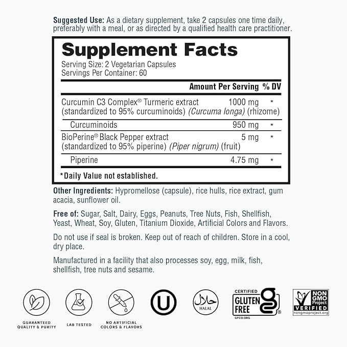 Nature's Lab Turmeric Curcumin C3 Complex 1000mg - Turmeric Extract 1000mg & BioPerine 5mg Standardized to 95%, Promotes Cardiovascular, Immune, Joint, Skin Health - 120 Capsules (60 Day Supply)