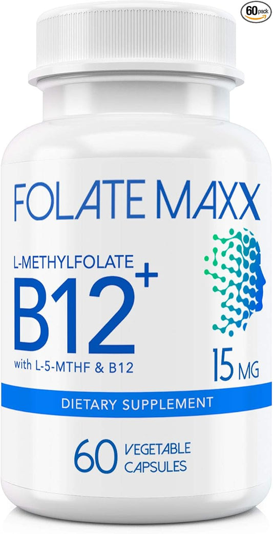 FolateMaxx L-Methylfolate + B12 Methylcobalamin Blend 15mg - 60 Capsules - Active Folic Acid & Methylated B12 - 5-MTHF & B12 Supplement for Men & Women - Non GMO, Gluten Free, No Fillers