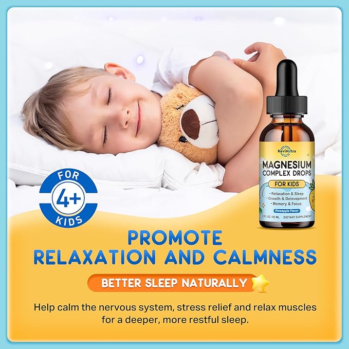 Kids Magnesium Liquid Drops - Magnesium Glycinate Liquid for Kids, L-Threonate Supplement with L-Theanine, Calcium, Zinc, Vitamin D3 K2 for Sleep Calm Relaxation Brain Bones, Pineapple Flavor 2 Fl Oz
