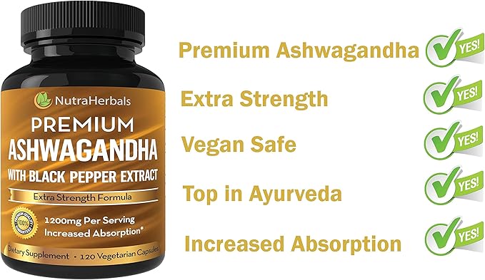 Ashwagandha Supplement Made with Premium Ashwaganda Root Powder 1200mg with Black Pepper Extract for Increased Absorption - 120 Vegi Capsules