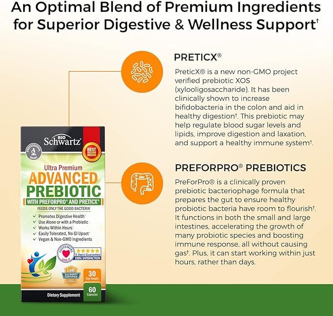 Prebiotics for Advanced Gut Health - Immune System Support & Dietary Fiber - Fuels Good Bacteria Growth to Promote Digestive Health - Gas & Digestion Support - Probiotics for Men & Women - 60 Capsules