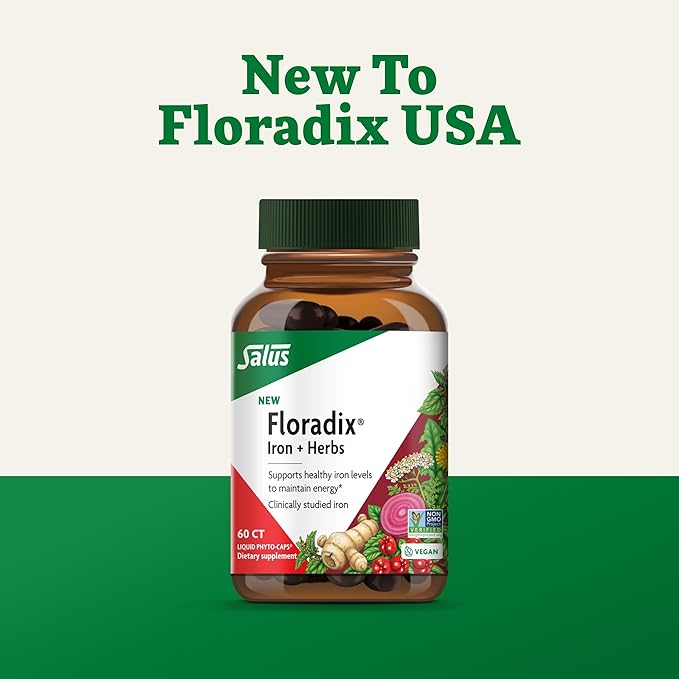 Floradix Iron + Herbs - Iron Supplement for Healthy Energy Support - Vegan, Non-GMO, Gluten-Free, Soy-Free - 60 Liquid Phyto-Caps