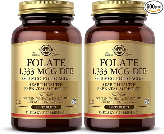 SOLGAR Folate 1,333 mcg DFE (Folic Acid 800 mcg) - 250 Tablets, Pack of 2 - Prenatal Support - Non-GMO, Vegan, Gluten Free, Dairy Free, Kosher, Halal - 500 Total Servings