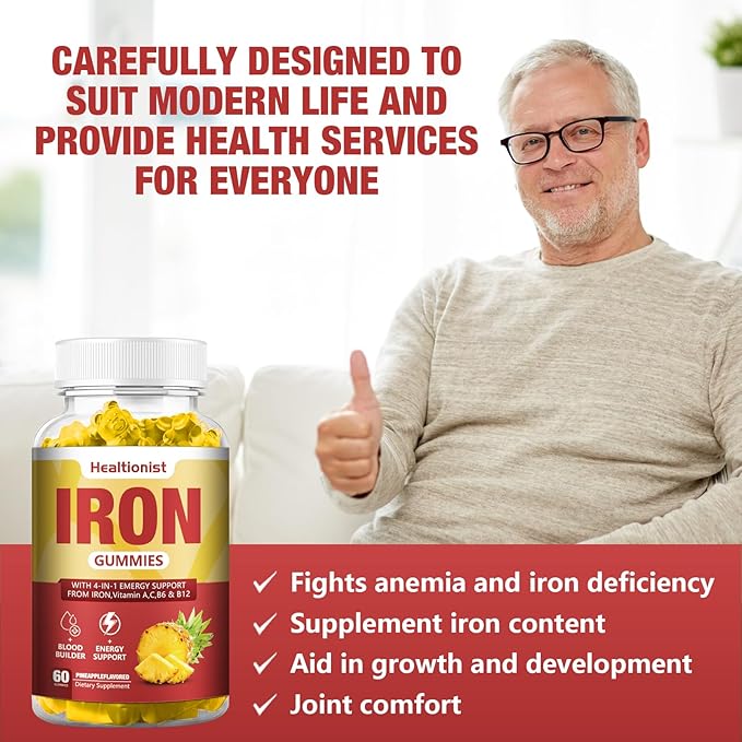 1 Pack Vegan 100Mg Iron Supplements Gummies for Women & Men - Blood Builder & Energy Support for Iron Deficiency, Anemia - Vitamin C, A, B for Adults & Kids, 60 Counts Pineapple Flavor