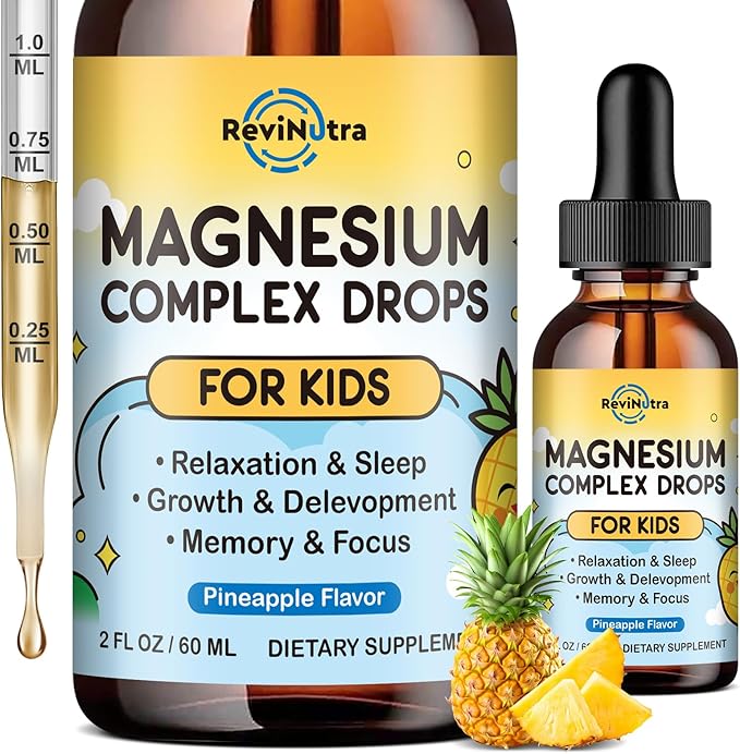 Kids Magnesium Liquid Drops - Magnesium Glycinate Liquid for Kids, L-Threonate Supplement with L-Theanine, Calcium, Zinc, Vitamin D3 K2 for Sleep Calm Relaxation Brain Bones, Pineapple Flavor 2 Fl Oz