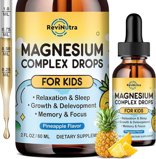 Kids Magnesium Liquid Drops - Magnesium Glycinate Liquid for Kids, L-Threonate Supplement with L-Theanine, Calcium, Zinc, Vitamin D3 K2 for Sleep Calm Relaxation Brain Bones, Pineapple Flavor 2 Fl Oz