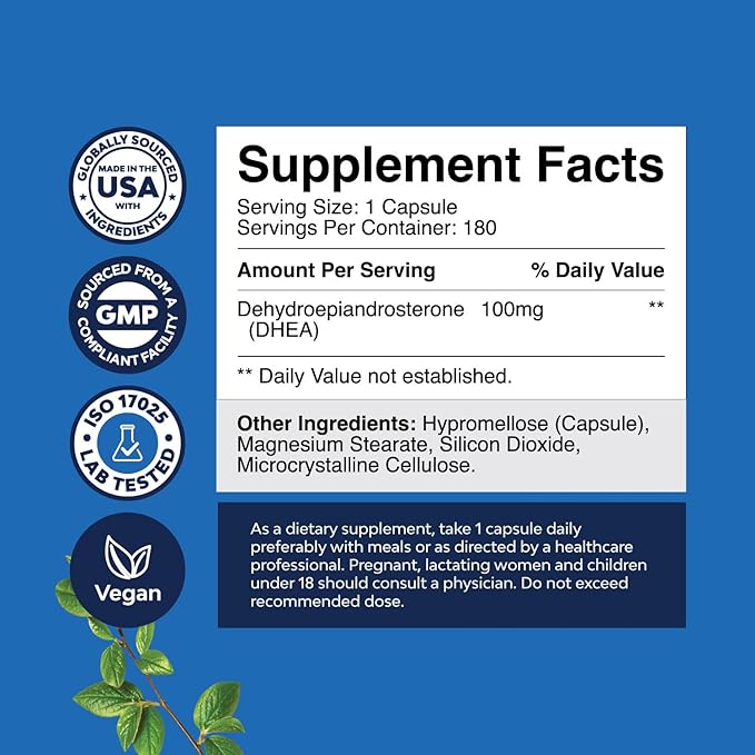 DHEA 100mg for Men and Women - Vegan High Strength DHEA Supplement for Women & Men for Enhanced Energy and Hormone Balance for Women & Men - Men and Womens Hormone Balance Supplement (6 Month Supply)