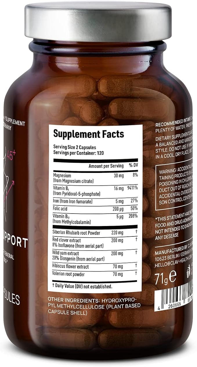CLAV Meno Balance - Menopause Support - with Wild yam Root, Red Clover, Siberian Rhubarb - Hot Flash Relief, Mood Swings & Muti-Symptom Support -120 Capsules