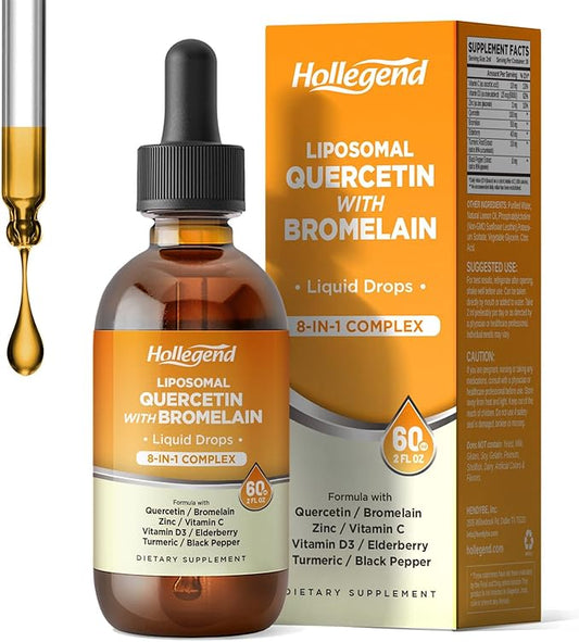 Liposomal Quercetin with Bromelain Liquid Drops, 8 in 1 Organic Quercetin 1000mg Supplements with Bromelain 500mg, Vitamin C, D3, Zinc, Elderberry, Turmeric for Immunity & Respiratory Health, 2 Fl Oz