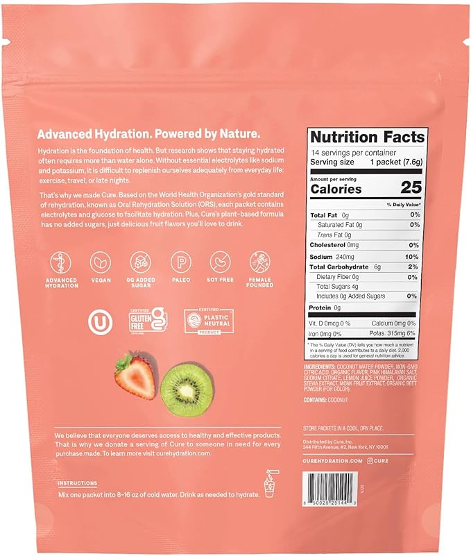Cure Hydration | Plant-Based Electrolyte Drink Mix | No Added Sugar | FSA & HSA | Dehydration Relief Powder Made with Coconut Water | Non-GMO | Vegan | Pouch of 14 Packets - Strawberry Kiwi