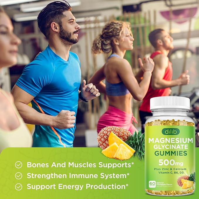 Magnesium Glycinate Gummies 500mg Magnesium Supplement with Calcium, Zinc, Vitamin C, B6, D3-Calm Chewable Gummies for Kids & Adults-Sleep, Mood & Muscle Support-Pineapple Flavor, 60 Gummies