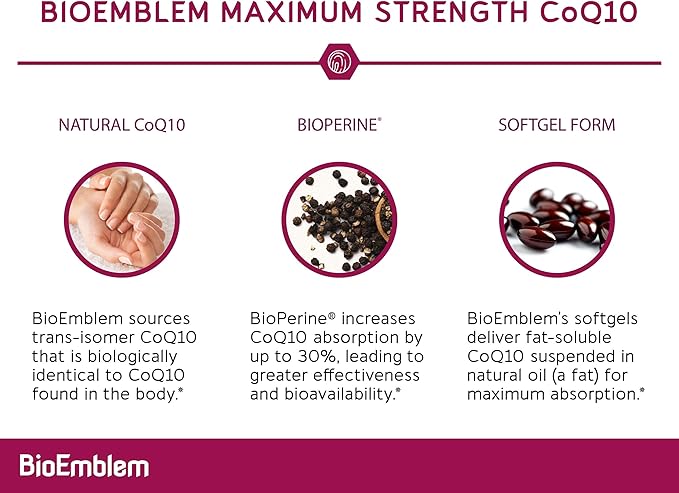 BioEmblem CoQ10 with BioPerine - 200mg Softgels, Superior Absorption - Coenzyme Q10 Antioxidant for Energy Production, Heart Health - Natural Form, Non-GMO CoQ10 Supplement - 90 Count