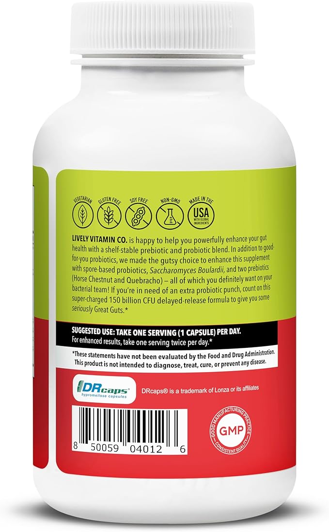 LIVELY VITAMIN CO. Great Guts Probiotic - 150 Billion CFU Probiotic - Balance Gut Microbiome, GI Tract, Inflammation, Indigestion, Reflux, Upset Stomach, & Diarrhea - 60 Caps