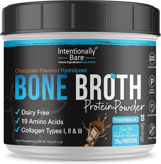 Intentionally Bare Bone Broth Protein Powder Chocolate - 20g Collagen Protein Powder for Skin Hair Joints & Gut - Keto Protein Powder with Collagen Peptide - Chocolate Collagen Powder - 20 Servings