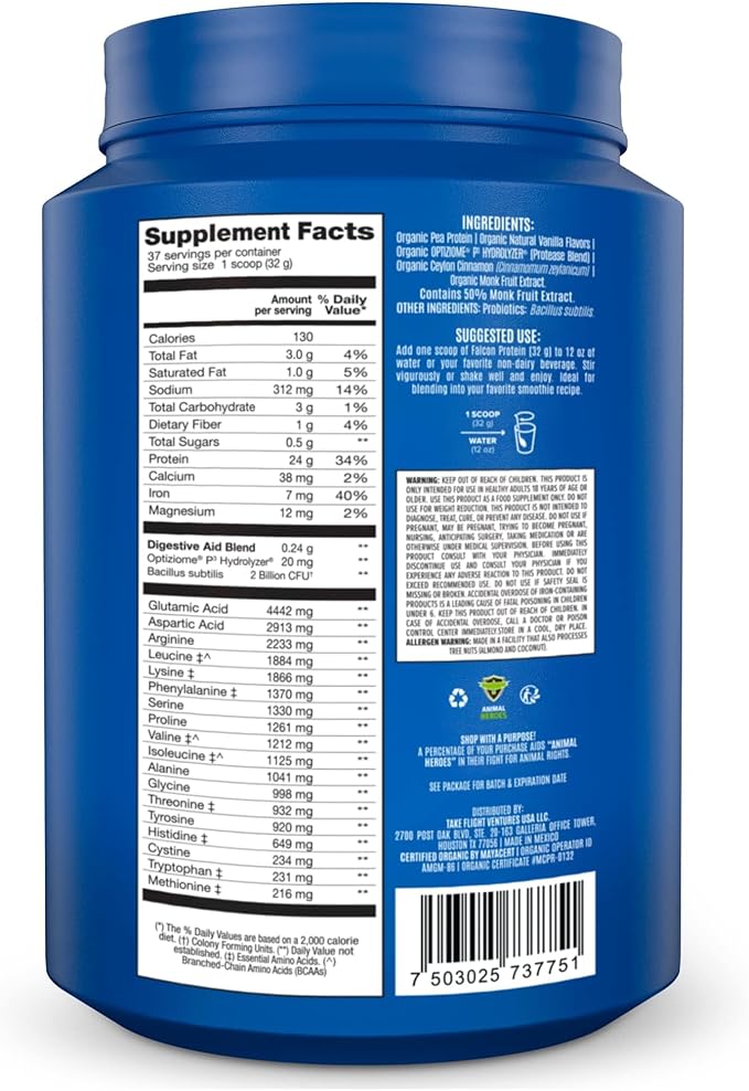 Falcon Vegan Protein Powder Organic, Stevia & Sugar Free, Plant Based Protein, Low Carb, Dairy Free, Keto, Non Whey Protein, Probiotic, Pea Protein | Vanilla Flavor - 37 Servings - 2.64lb