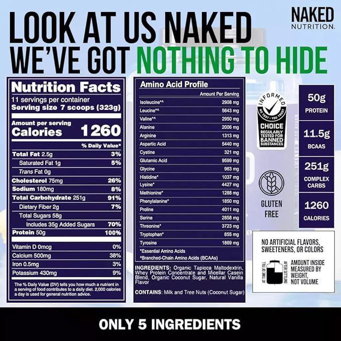 Vanilla Naked Mass - All Natural Vanilla Weight Gainer Protein Powder - 8lb Bulk, GMO Free, Gluten Free & Soy Free, No Artificial Ingredients - 1,260 Calories - 11 Servings