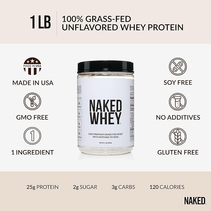 NAKED Whey 1Lb - Only 1 Ingredient, Grass Fed Whey Protein Powder, Undenatured, No Gmos, No Soy, Gluten Free, Stimulate Growth, Enhance Recovery - 15 Servings