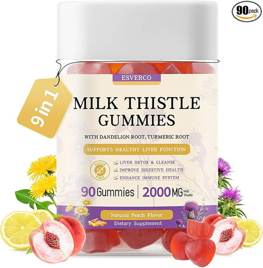 Milk Thistle Gummies with 2000MG Extract, Liver Health Support Gummies, Silymarin Milk Thistle Supplement with Artichoke, Dandelion, Turmeric Curcumin, No Sugar, for Adults, Vegan, 90 Count