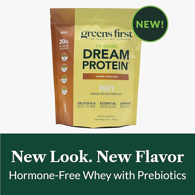 Greens First Dream Protein Powder Whey - 20g Protein Per Serving - Hormone-Free with Prebiotics - Non-GMO - No Artificial Sweeteners/MSG/Aspartame (Caramel Cappuccino, 25 oz)