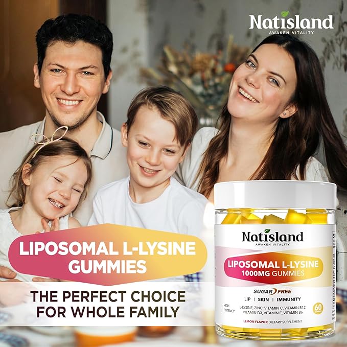 Liposomal L-Lysine 1000mg Gummies, Lysine Supplements for Women & Men, Chewable Vitamin Lysine Gummies for Lips & Oral Health, Immune Support, Kids Friendly, Sugar-Free Lemon Flavor, 60 CT