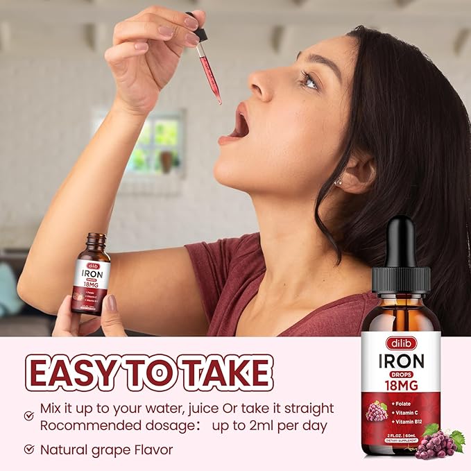 Liquid Iron Supplement for Women & Men Iron Drops Iron Supplements for Anemia with Folate, Vitamin C, B12 for Red Blood Cell Support-Grape, 2 Fl Oz