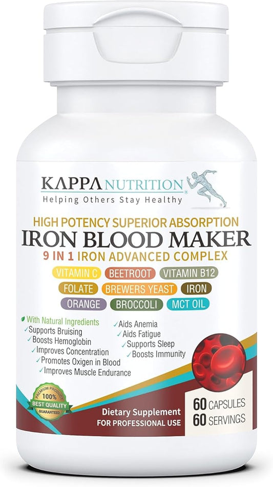 KAPPA NUTRITION Iron 26mg, Vitamin C & Orange 150mg, Folate 667mcg DFE, Vitamin B12, Beetroot, Brewers Yeast, Broccoli & MCT Oil 9 in 1 Advanced Complex (60 Capsules)