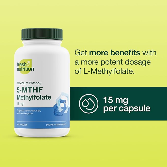 L Methylfolate 15mg - Maximum Potency - Active Vitamin B9 Superior Bioavailability - 5-MTHF Methyl Folate for Mood, Cognition, Immunity, Cardiovascular, Neurological, Reproductive Health - 60 Capsules
