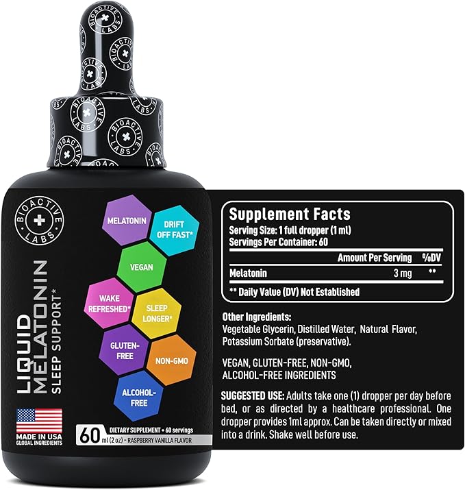 Liquid Melatonin for Adults and Children - 3mg Extra Strength Sublingual Liquid Melatonin for Kids and Adults - Sleep Fast Liposomal Drops - Natural Raspberry Flavor Sleep Aid - 60ml