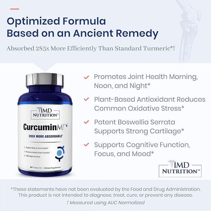 1MD Nutrition CurcuminMD Plus - Turmeric Curcumin with Boswellia Serrata - 285x More Absorbable | Joint Stiffness, Muscle Recovery, and Mood Support | 120 Capsules (2-Pack)