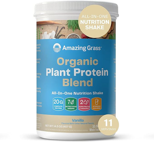 Amazing Grass Organic Plant Protein Blend: Vegan Protein Powder, New Protein Superfood Formula, All-In-One Nutrition Shake with Beet Root, Pure Vanilla, 11 Servings