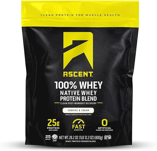 Ascent 100% Whey Protein Powder - Post Workout Whey Protein Isolate, Zero Artificial Flavors & Sweeteners, Gluten Free, 5.5g BCAA, 2.6g Leucine, Essential Amino Acids, Cookies & Cream 1.7 lb