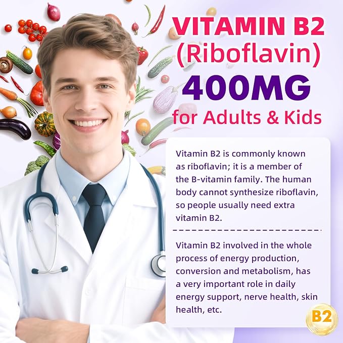 Vitamin B2 Gummies for Kids & Adults, VIT B2 Riboflavin 400mg Supplement with Magnesium for Migraine Relief & Nervous System Support, Non-GMO, Vegan, Raspberry Flavor 60 Count