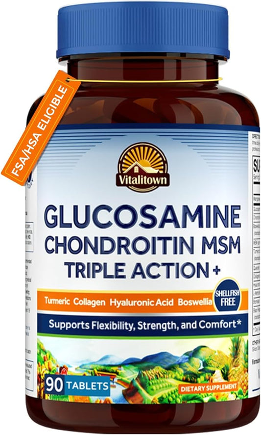 Vitalitown Glucosamine Chondroitin MSM | Collagen, Boswellia, Turmeric, Hyaluronic Acid, Bromelain | Triple Action+ Formula | 12 Move-Freely Ingredients | 90 Tablets, No Shellfish