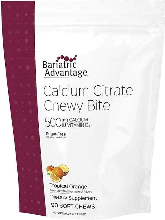 Bariatric Advantage Calcium Citrate Chewy Bites 500 mg - for Bariatric Surgery Patients - Vitamin D3 - Sugar-Free Chewable Calcium Supplement - Bariatric Calcium Chews - Tropical Orange - 90 Count