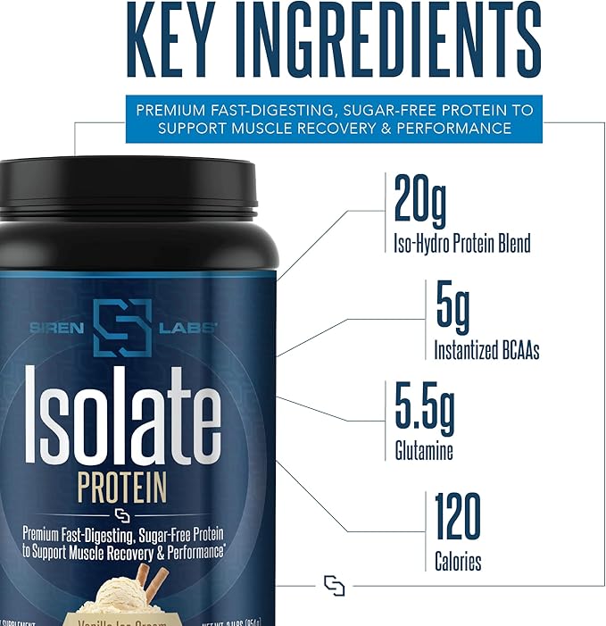 Siren Labs Isolate Premium Whey Protein Powder Keto Isolate and Hydrolysate with Amino Acids including Glutamine for Lean Muscle Growth and Recovery - Vanilla Ice Cream (30 Servings)