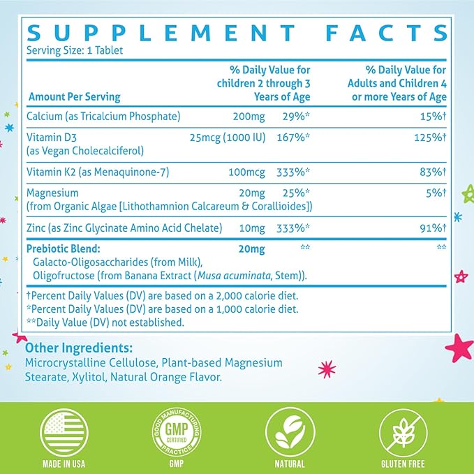500 MG Calcium Supplement with Vitamin D3 & K2, Zinc, Magnesium & Prebiotics. Kids Vitamins for Kids' Height. Bone Strength, High Absorption, Orange Chewables, Gluten Free, 60 Tabs