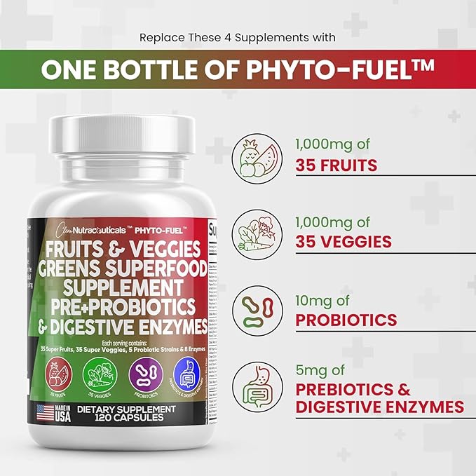 Clean Nutraceuticals Fruits and Veggies Supplement Reds & Green Superfood - Balance of Over 70 Fruit & Vegetable Supplements Capsules with Probiotics Prebiotics Digestive Enzymes - 3Pack