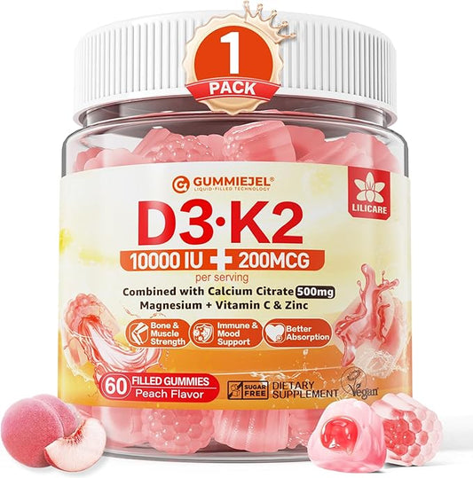 Vitamin D3 K2 Gummies 5000IU / 10,000 IU with 500mg Calcium + K2(MK-7) 200mcg, Magnesium, Vitamin C & Zinc, Extra Strength - Ultimate Absorbency for Bones, Muscles, Teeth, Vegan, 60 Count (Pack of 1)