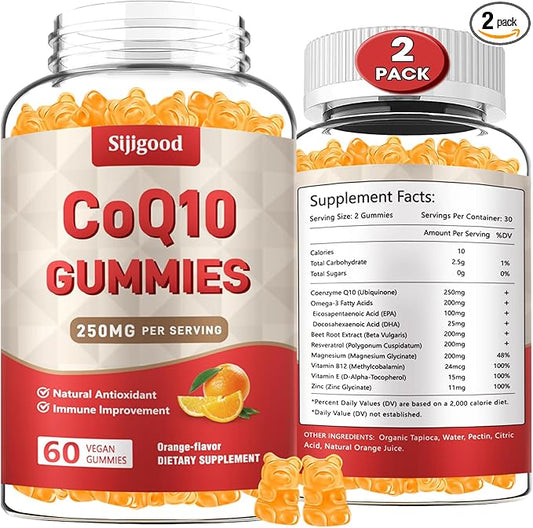 2 Pack CoQ10 - Gummies, Coenzyme Q10(Ubiquinone) Gummies with Omega-3, Vitamin E B12, Magnesium, Zinc, q10 Supplement for Energy, Brain & Antioxidant Support, Sugar-Free Orange Flavor, 120 Gummies