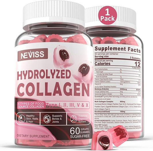 Collagen Gummies for Women Men, 800mg Hydrolyzed Collagen Peptides Gummies Multi Peptides Type I II III V & X, 2500mcg Biotin Keratin Vitamin D3 C E for Healthy Skin Hair Nails and Bone, 1 Pack